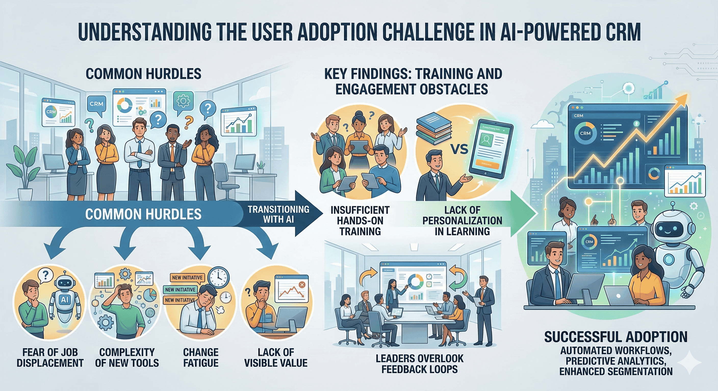 Infographic of OMI's 4-week AI CRM training timeline for Salesforce and Dynamics, addressing adoption hurdles.