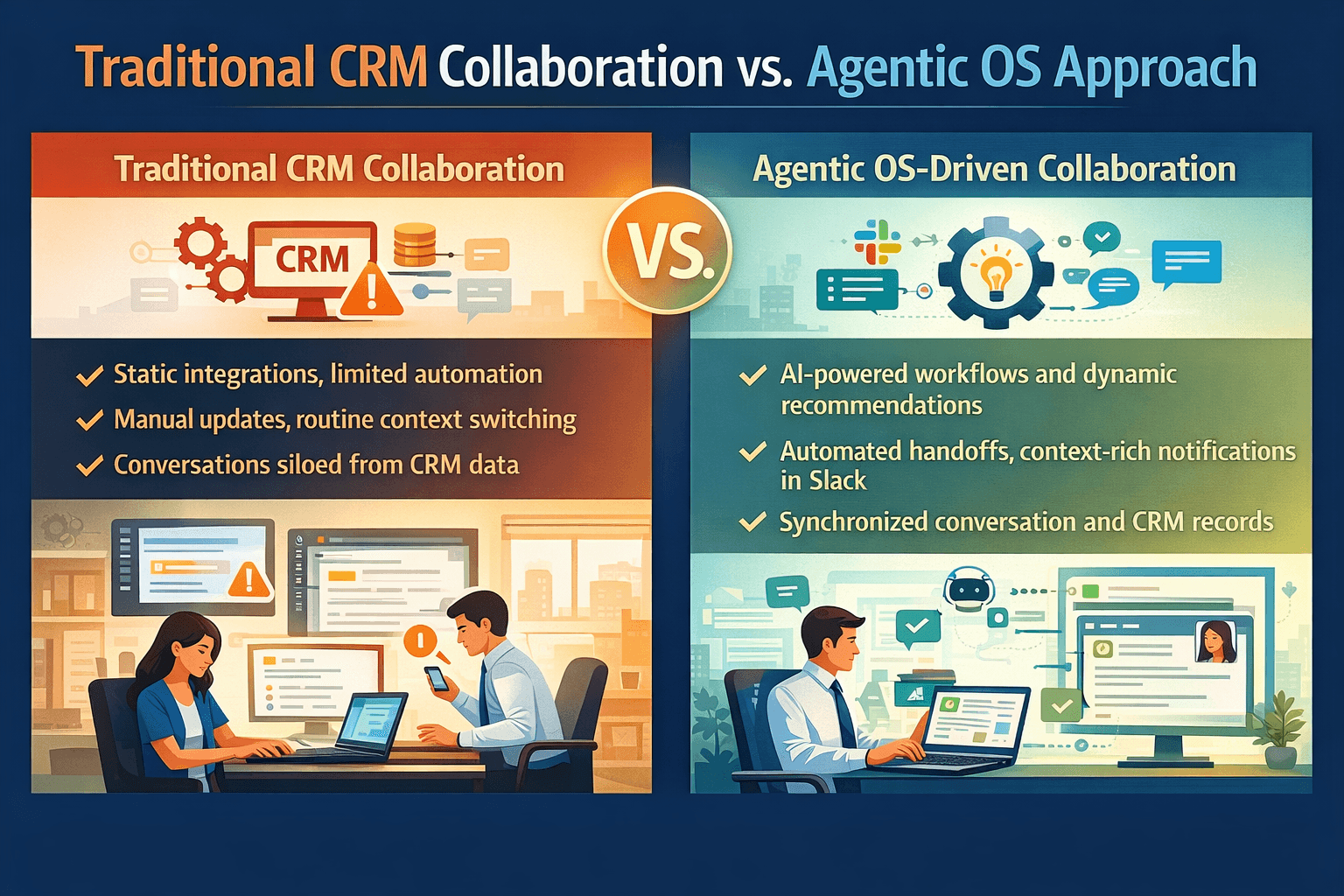 Traditional CRM Collaboration vs Agentic OS Approach