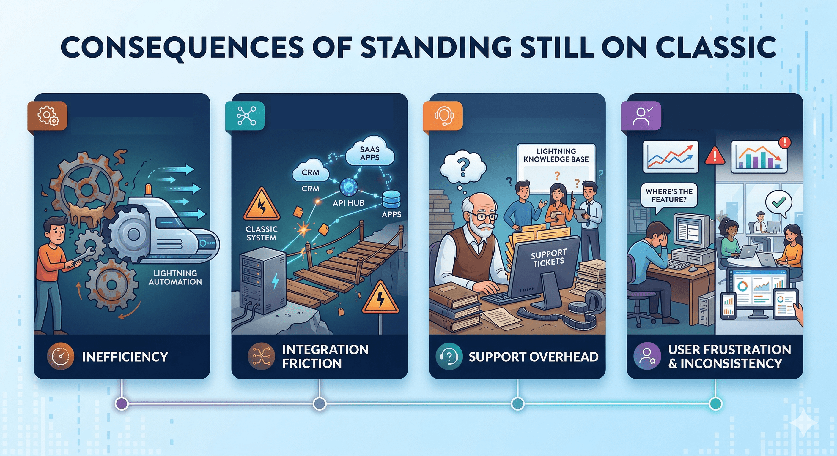 Infographic of the consequences of staying on Salesforce Classic: Inefficiency, Integration Friction, Support Overhead, and User Frustration.