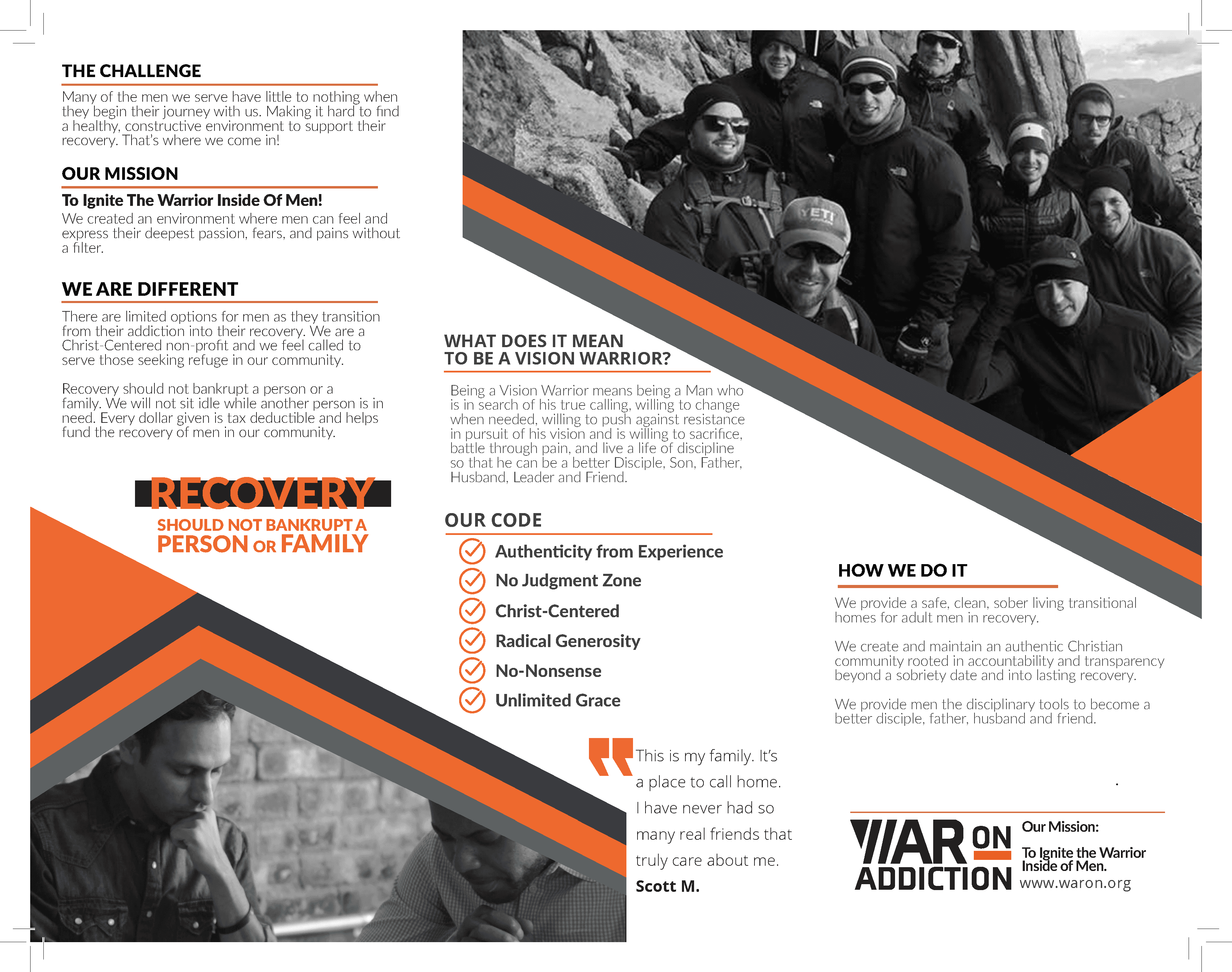 Vision Warriors brochure page detailing their mission "To Ignite The Warrior Inside Of Men!" and their organizational code, which includes authenticity, Christ-centered values, and unlimited grace.