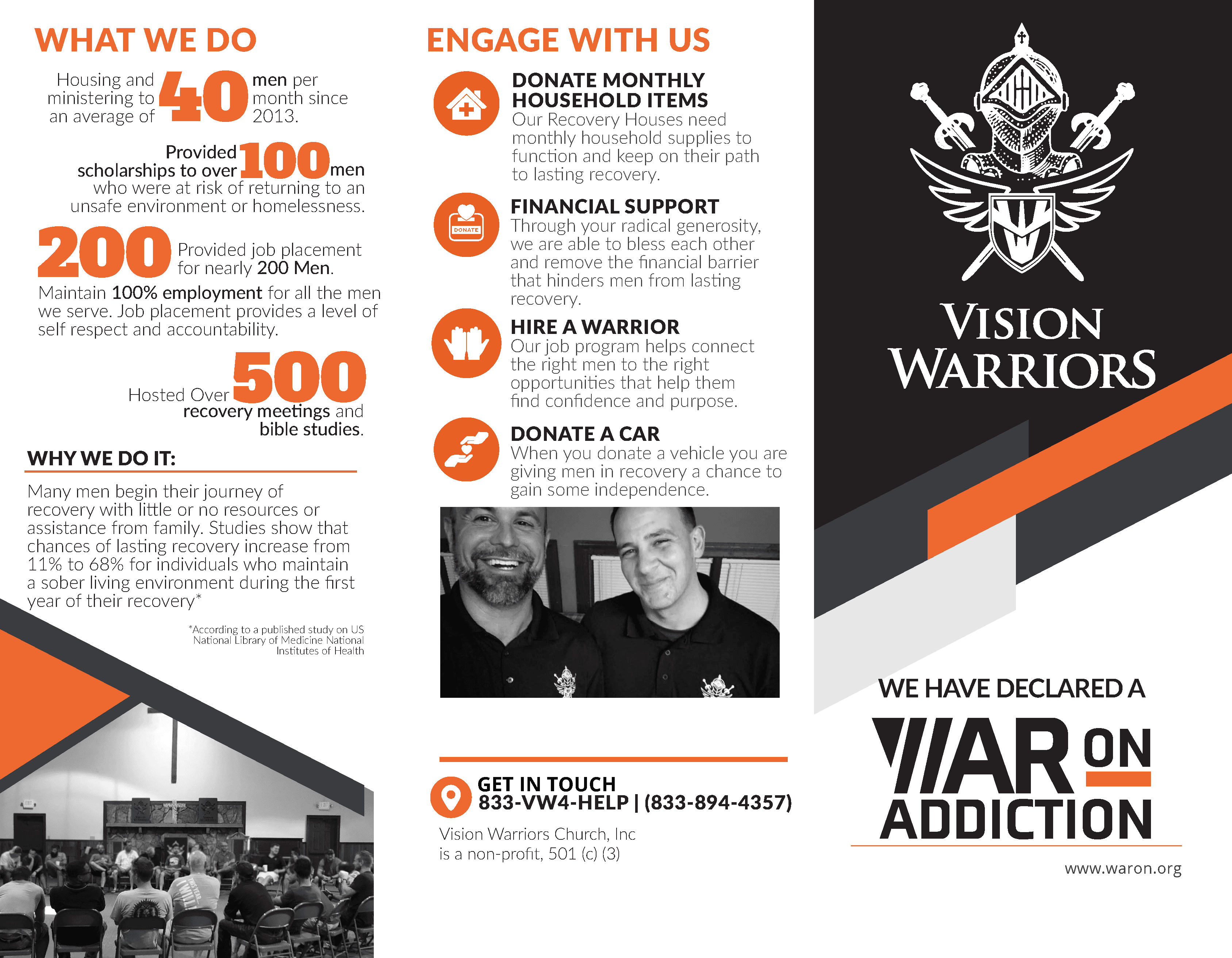 Vision Warriors brochure page titled "What We Do" and "Engage With Us," listing statistics like 100% employment for residents and various ways to support the mission through financial gifts or hiring a warrior.